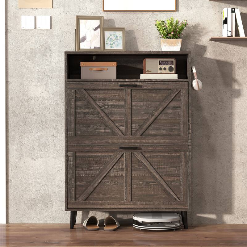 GDFStudio - Charlotte Farmhouse Shoe Storage Cabinet with Barn Door Elegance and Smart Organization
