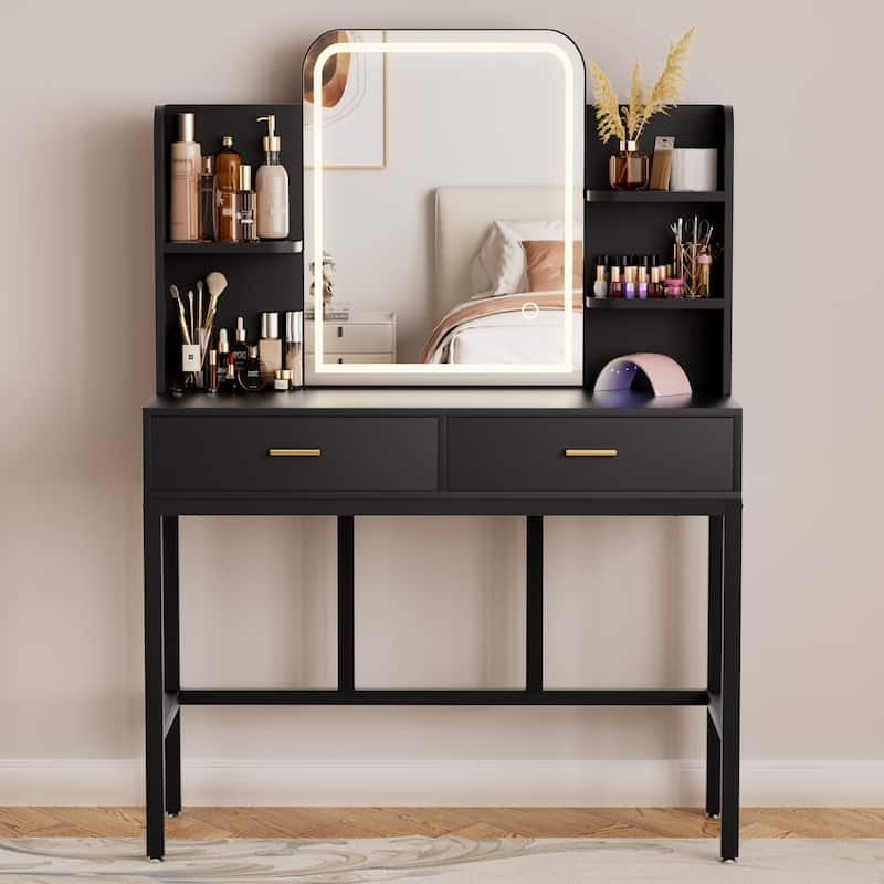 Vanity Table with LED Mirror, Kid's Makeup Vanity Desk with 2 Storage Drawers - Black