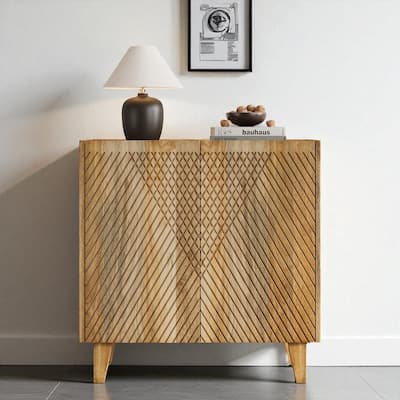 28" Rustic Mango Wood Accent Cabinet with Fluted Doors and Adjustable Shelf - Compact Storage for Kitchen or Entryway