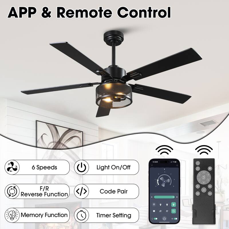 Vaczon 60" Black Reversible Wood 5-Blade Smart Ceiling Fan with Light and Remote, App Control