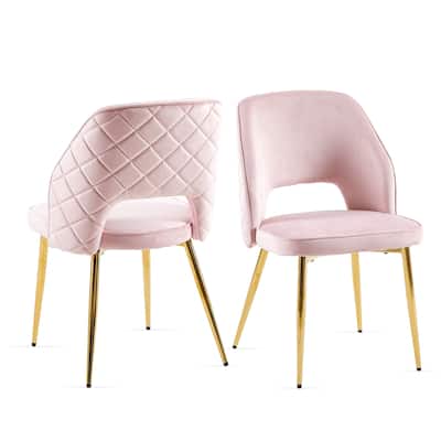 Pink Velvet Dining Chairs with Metal Legs and Hollow Back Upholstered Dining Chairs Set of 2