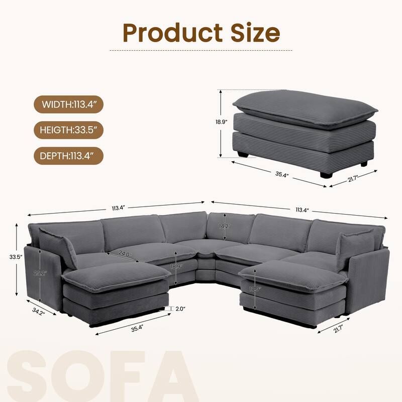7-Seater Corduroy Sectional Sofa with 2 Removable Ottomans & Corner Seat, Soft & Comfortable - 5 Seats with 2 Ottoman