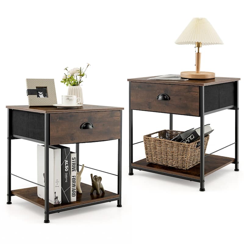 Gymax 2PCS 2-tier Nightstand Bedside End Sofa Coffee Table Bedroom - Brown - Wood