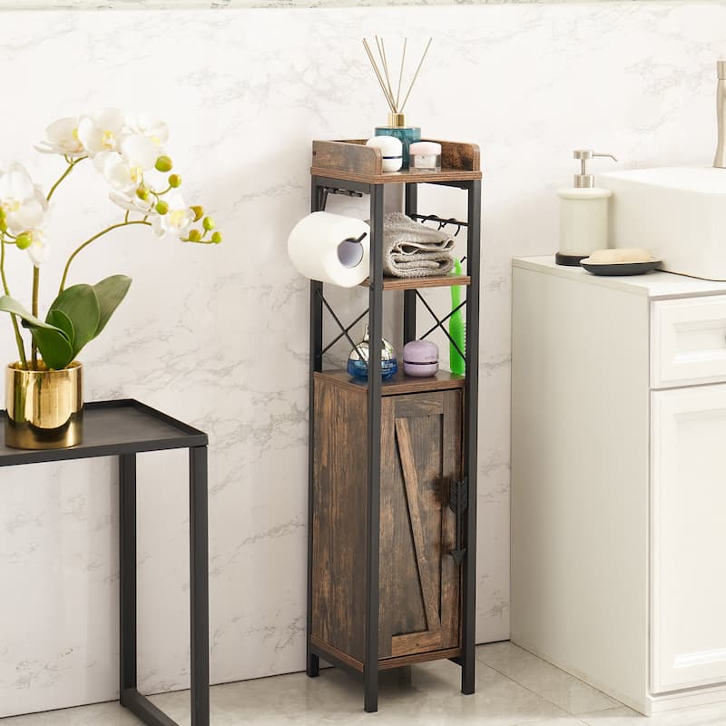 VECELO Slim Bathroom Floor Cabinet with Shutter Door 3-Tier Storage Shelf with Hooks Freestanding Cabinet for Bedroom, Entryway - Brown