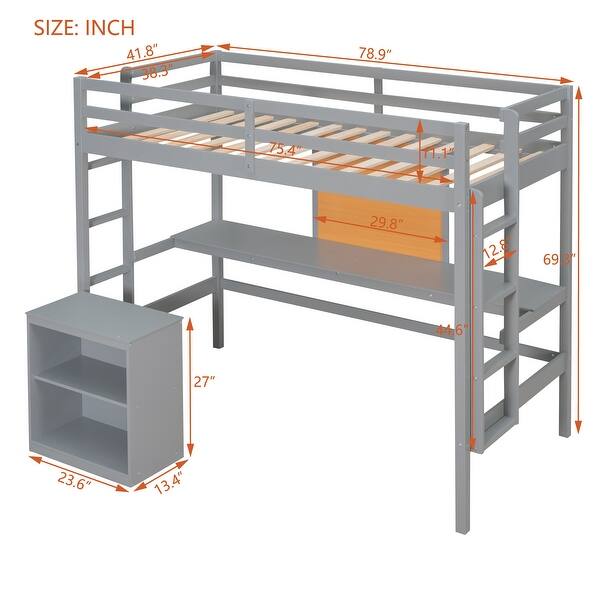 dimension image slide 1 of 6, Twin/ Full Size Loft Bed Frame w/ Desk, Writing Board & 2 Drawers Cabinet, Wooden Fence Shaped Storage Bed Frame for Kids, Teens