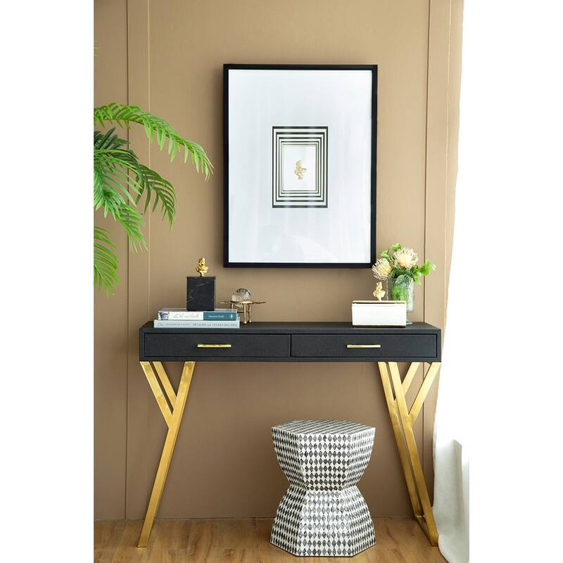 Hexagon Capiz Inlay Stool - 16.5" - Black and White