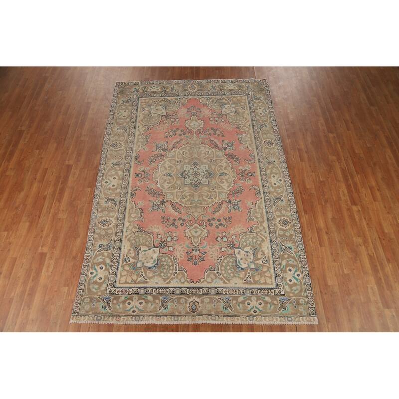 Pink Floral Tabriz Persian Area Rug Hand-Knotted Wool Carpet - 6'5"x 9'11"