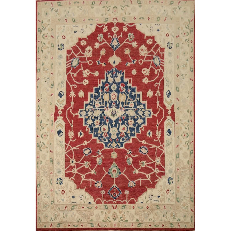 Hand Knotted Oriental 100% Wool Carpet Transitional Medallion Red Oushak Area Rug - 9' 8'' X 8' 2''