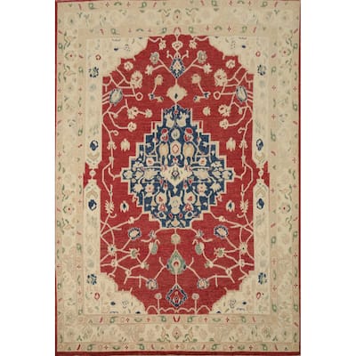 Hand Knotted Oriental 100% Wool Carpet Transitional Medallion Red Oushak Area Rug - 9' 8'' X 8' 2''