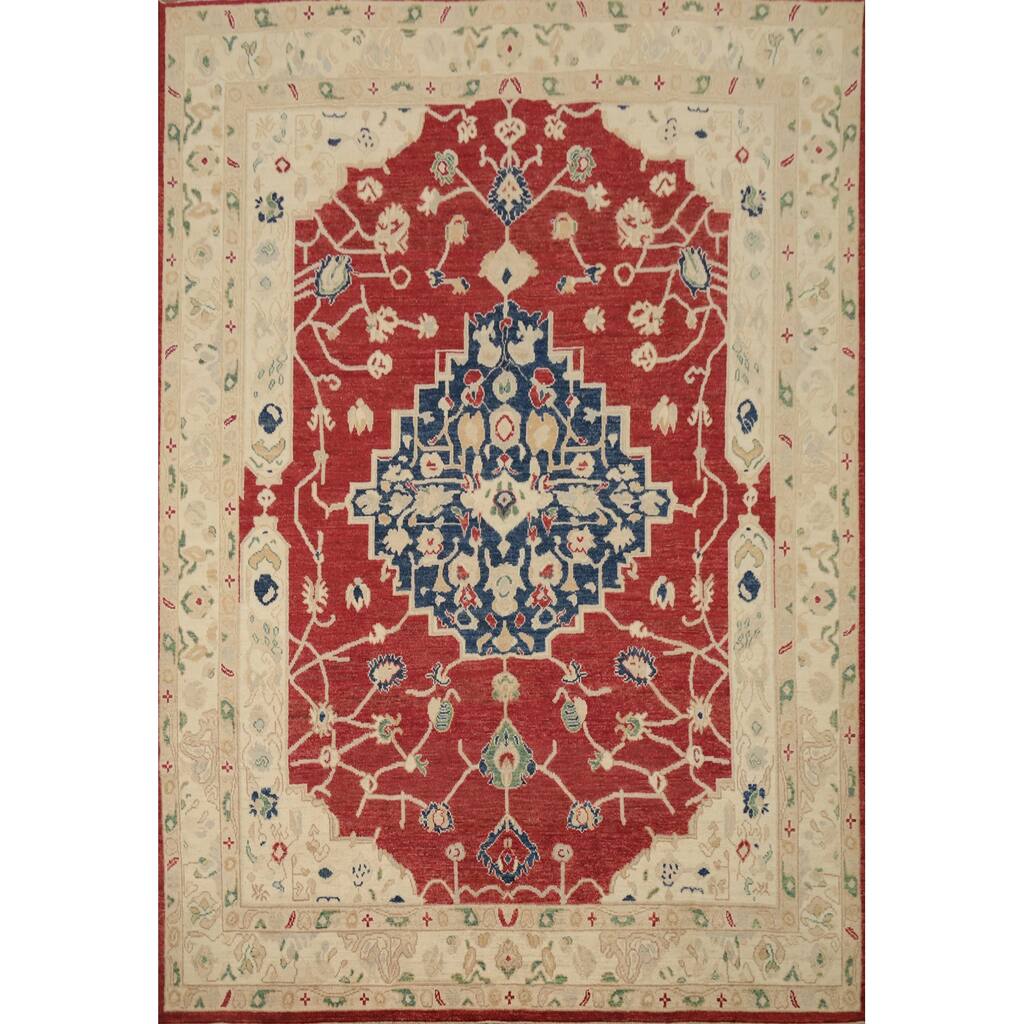 Hand Knotted Oriental 100% Wool Carpet Transitional Medallion Red Oushak Area Rug - 9' 8'' X 8' 2''