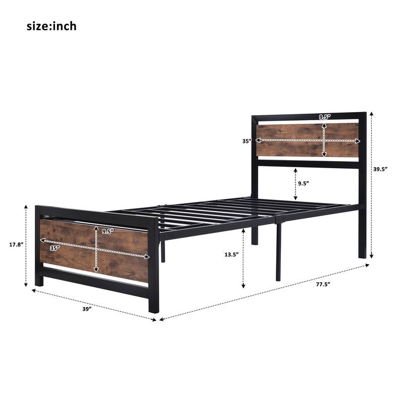 Metal and Wood Platform Bed Frame with Headboard & Footboard