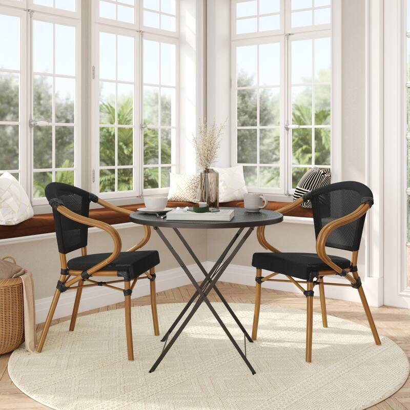 2 Pack All-Weather Commercial Paris Chairs with Arms and Metal Frame - BlackNaturalFrame