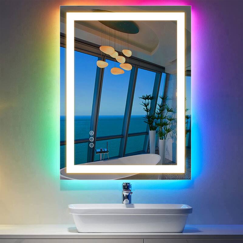 Super Bright RGB Backlit & LED Frontlit Anti-Fog Bathroom Vanity Mirror in Tempered Glass & ETL - 32" x 24"