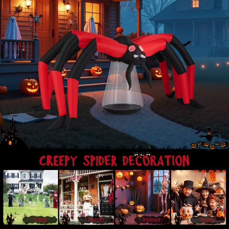 Black-Red Polyester Giant Inflatable Halloween Spider with LED Eyes and 10ft Wide - 123" x 51.5" x 59"