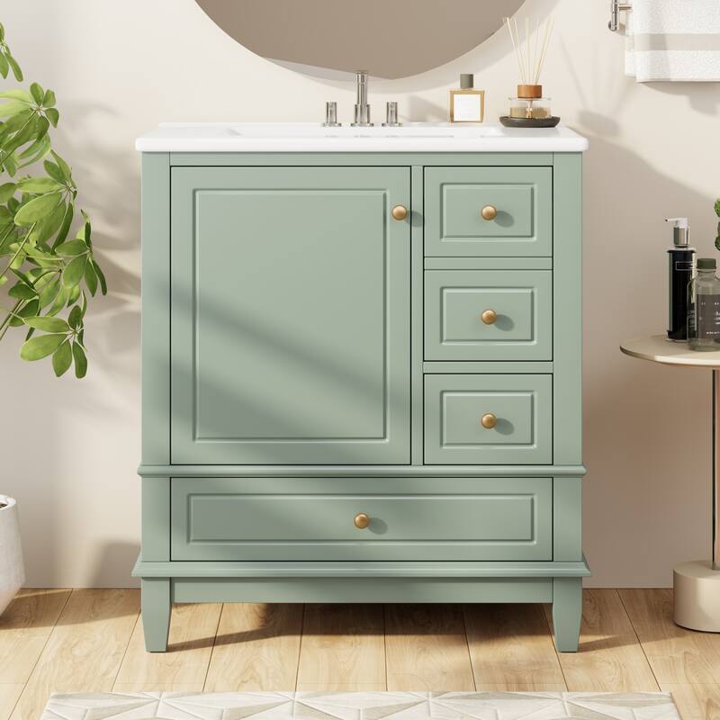 30" Bath Vanity with Sink - 3 Drawers, Door Shelf & Soft-Close Mechanism