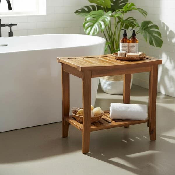 slide 2 of 7, Acacia Wood 2-Tier Shower Bench Spa Stool with Storage and Non-Slip Feet Oak