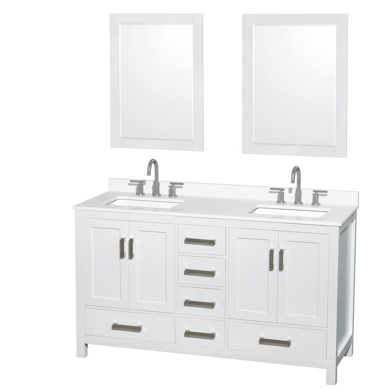 Sheffield 60-inch Double Vanity, 3 Hole Quartz Top, 24-inch Mirrors - White, Chrome Trim, White Quartz Top