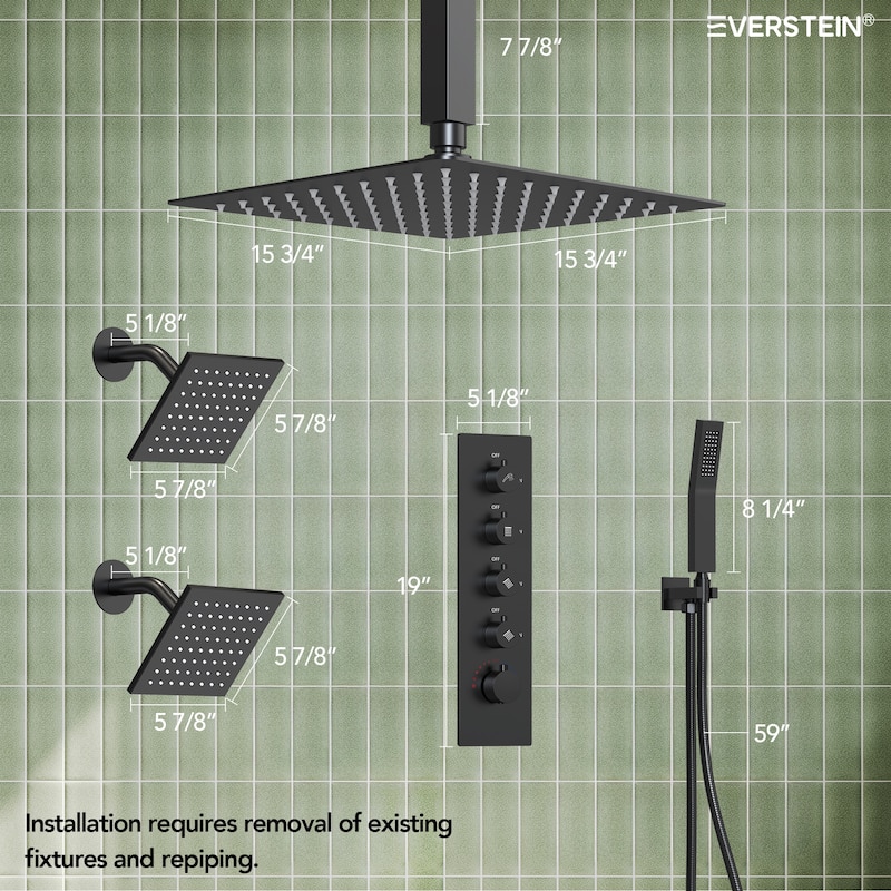15-Spray Patterns Thermostatic Shower System, Shower Faucet Set 16" & 6" Triple Shower Heads (Valve Included)