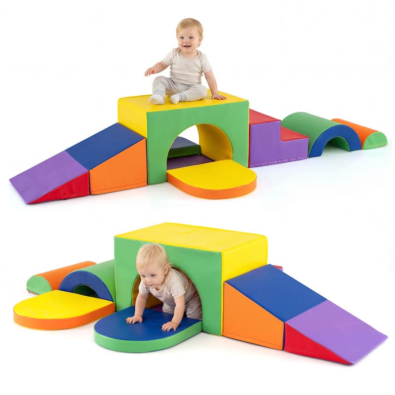 Gymax 7PCS Soft Foam Climbing Blocks Set w/Slide & Tunnel Waterproof & - Multi - Kids