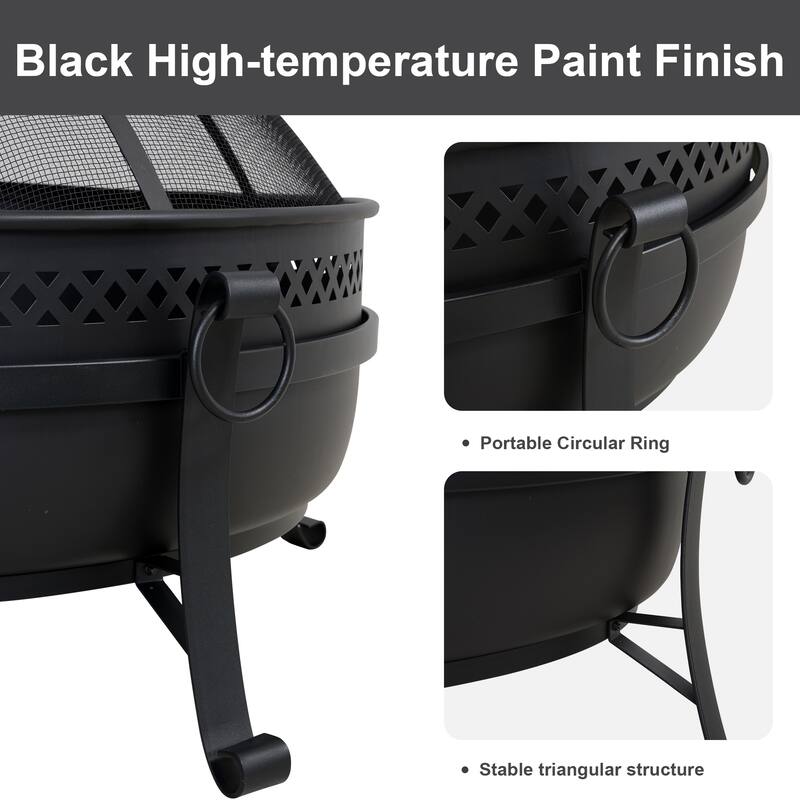 Black Cross Weave Large Round Steel Wood Burning Fire Pit with Spark Screen