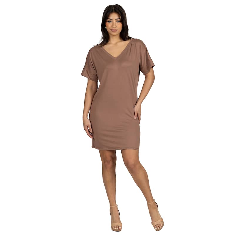 24seven Comfort Apparel Solid Color Loose Fit V Neck T Shirt Style Womens Knee Length Dress - Brown - XL