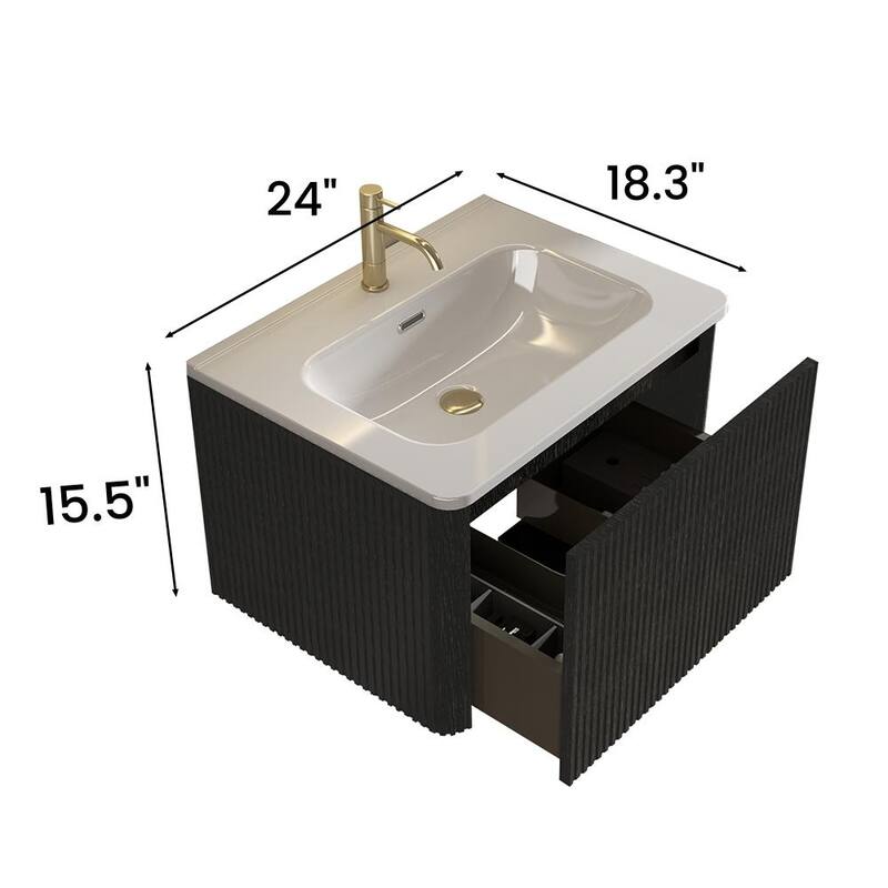 Floating Bathroom Vanity with Ceramic Sink, Wall Mounted Bathroom Storage Cabinet, Fluted Bathroom Cabinet with 2 Drawers