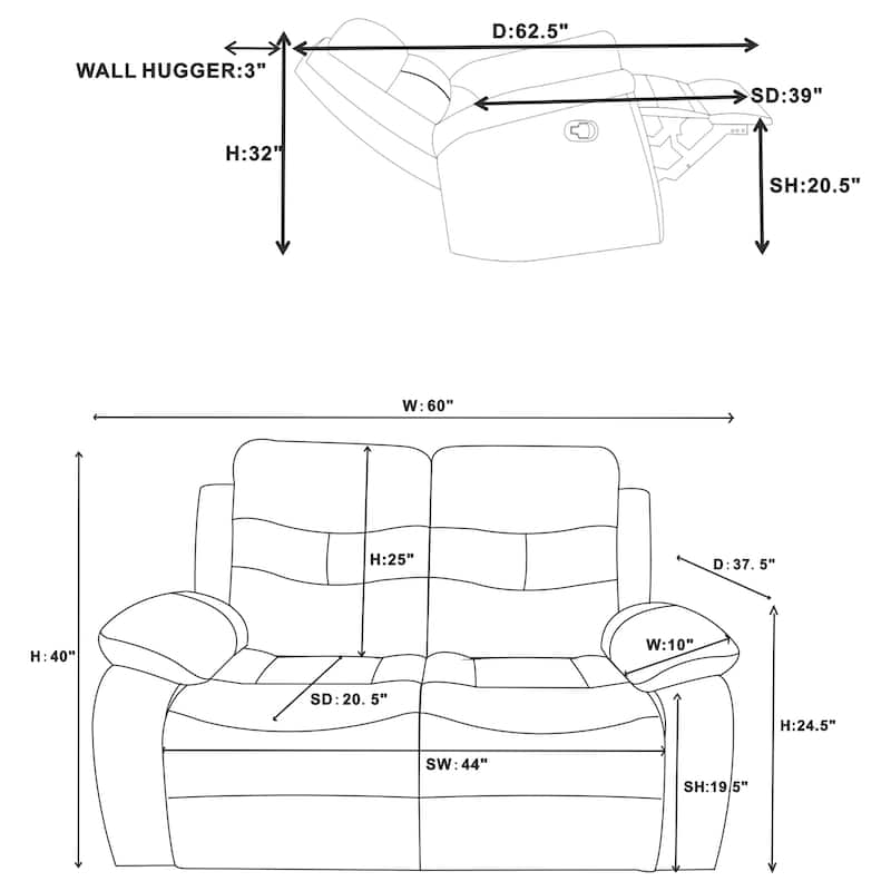 Nova Upholstered Motion Reclining Sofa Set Dark Grey