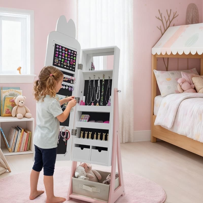 Kids MDF Bunny Jewelry Cabinet In Pink Jewelry Armoire With Mirror, 1 Door And 1 Fabric Drawer