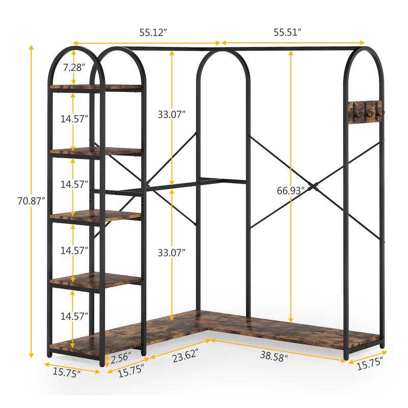 L Shape Clothes Rack, Corner Garment Rack with Storage Shelves and Hanging Rods, Large Open Wardrobe Closet for Bedroom