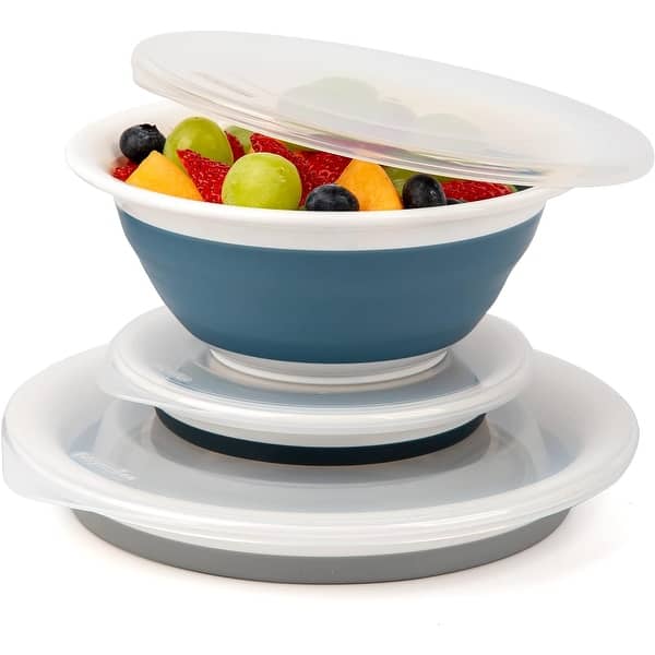 slide 2 of 4, Progressive International Progressive Prepworks Thinstore Collapsible Prep/Storage Bowls with Lids - Set of 3, Dark Pastels Blue