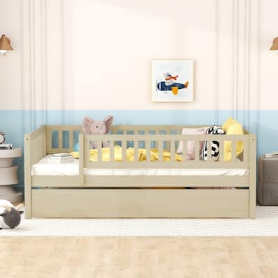 Full Size Platform Bed Wood Daybed with Trundle and Fence Guardrails