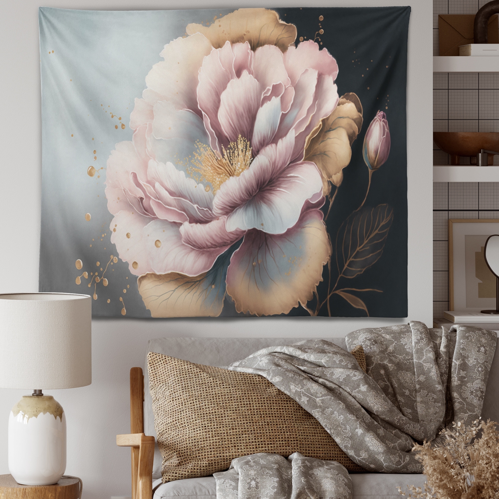 Designart 'Pink And Gold Hibiscus Flower I' Floral Hibiscus Wall Tapestry