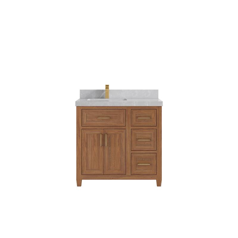 Willow Collections 36 in. W x 22 in. D Santa Monica Teak Left Offset Sink Bathroom Vanity with Countertop - 2”Pearl Gray - Dark Natural Teak
