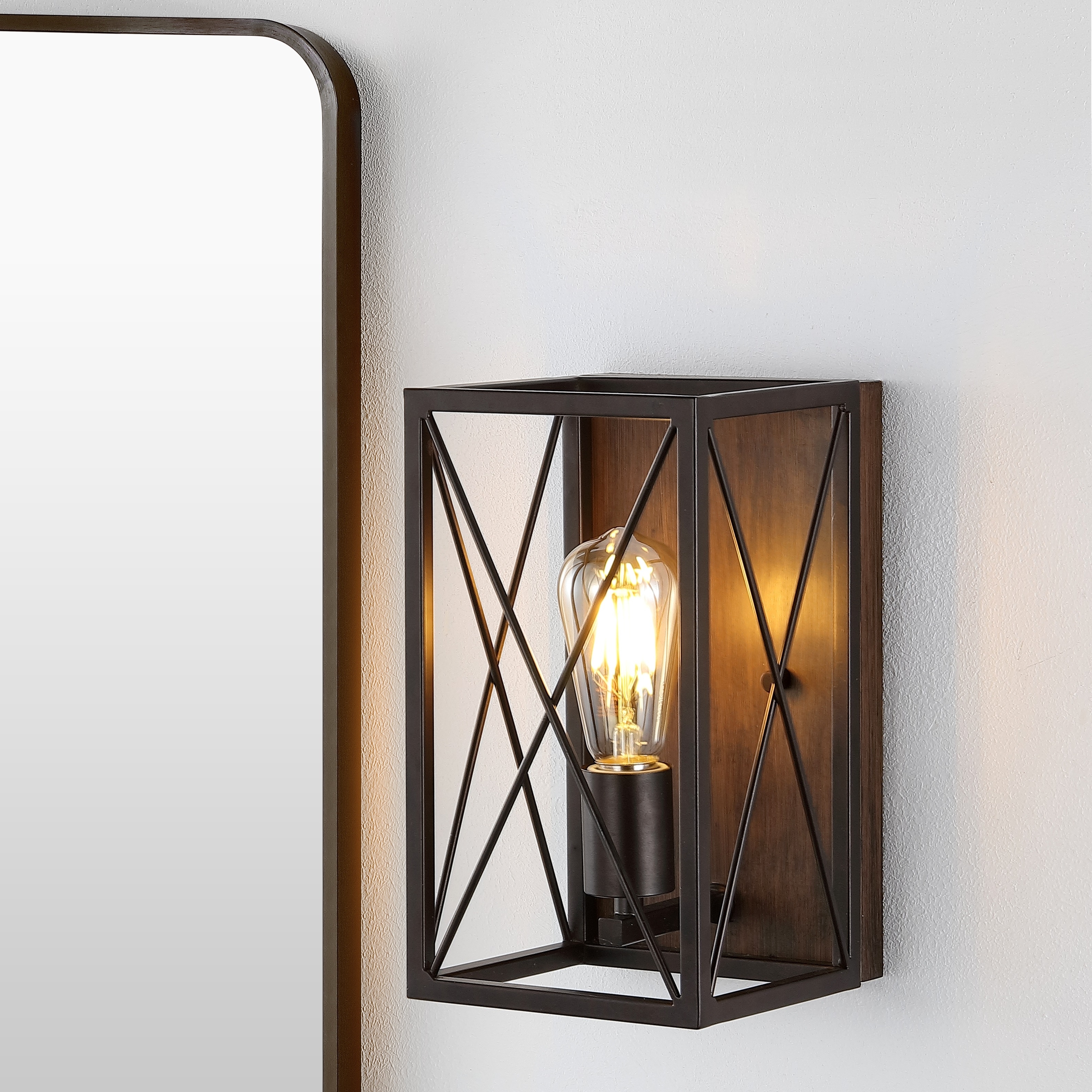 JONATHAN Y Arden X-Frame 6" 1-Light Farmhouse Rustic Iron LED Sconce, Oil Rubbed Bronze/Wood Finish