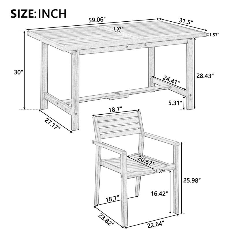 5-Piece Outdoor Acacia Wood Dining Set with Rectangular Table and Umbrella Hole for Family Gatherings