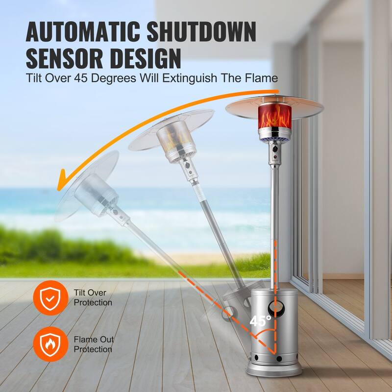 Silver Stainless Steel Propane Patio Heater with Wheels and Glass Flame Perfect for Gatherings of 6-8 People - 32.01x32.01x87.40