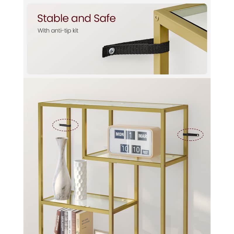 6-Tier Modern Metallic Gold Steel and Tempered Glass Bookshelf for Home Office or Living Room Storage