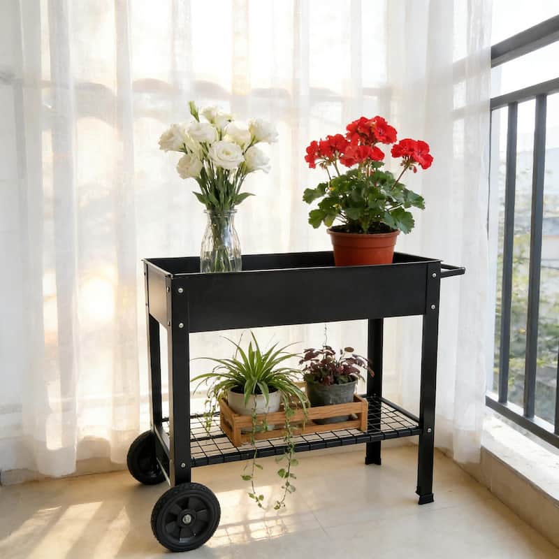 Anmytek Black Mobile Raised Garden Bed Cart with Storage Shelf Rolling Metal Planter Station with Large Wheels for Patio Balcony - Black