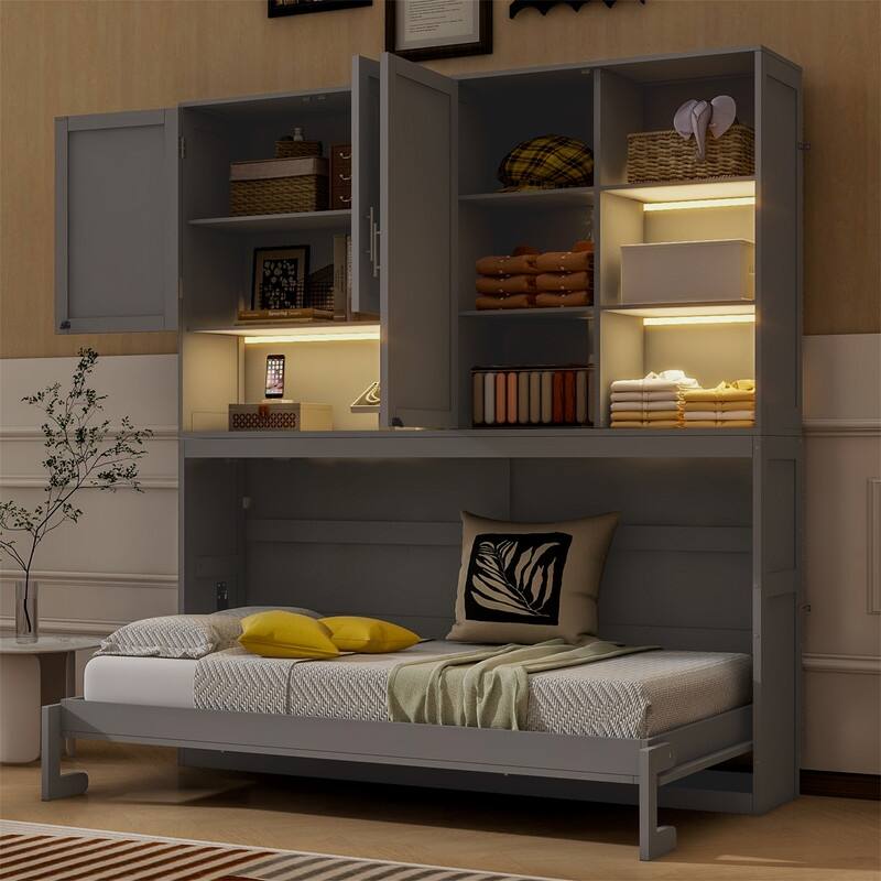 Twin Size Murphy Wall Bed with Top Cabinet and Light, Space Saving Foldable Murphy Cabinet Bed with USB Ports & Storage Shelves