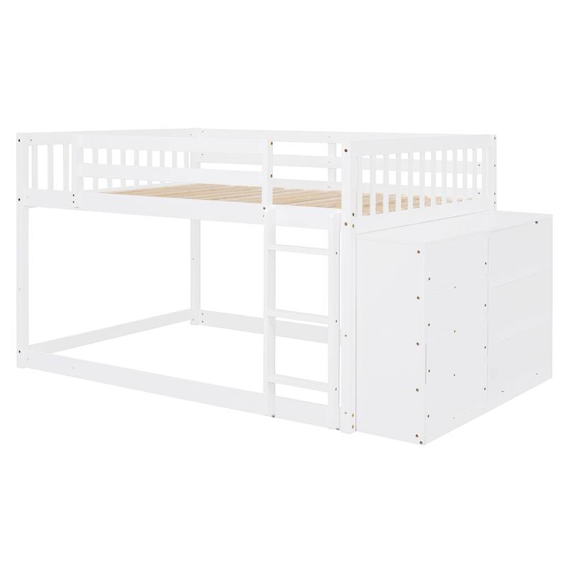 Full Size Bunk Bed with Drawers, Shelves & Reversible Ladder, Durable Solid Wood Structure