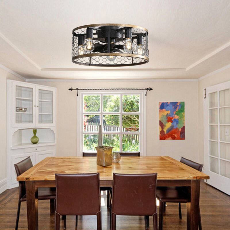 20 Inch Industrial Caged Ceiling Fan, With 7-ABS Blades Remote Control Reversible DC Motor, Small Flush Mount Ceiling Fan