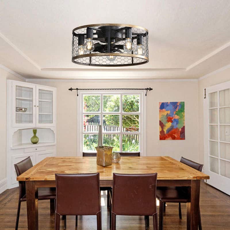 6-Speed Reversible Airflow Flush Mount Ceiling Fan Light, 6-Speed Remote Control Caged Ceiling Fan