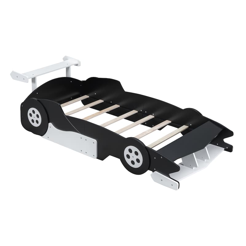 Black Twin Race Car-Shaped Platform Bed with Wheels - Kids' Speed Dream!