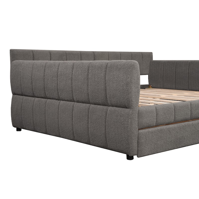 Modern Fabric Upholstered Daybed Queen Size Sofa Bed Frame with Backrest and Armrests, USB Charging Ports, No Box Spring Needed