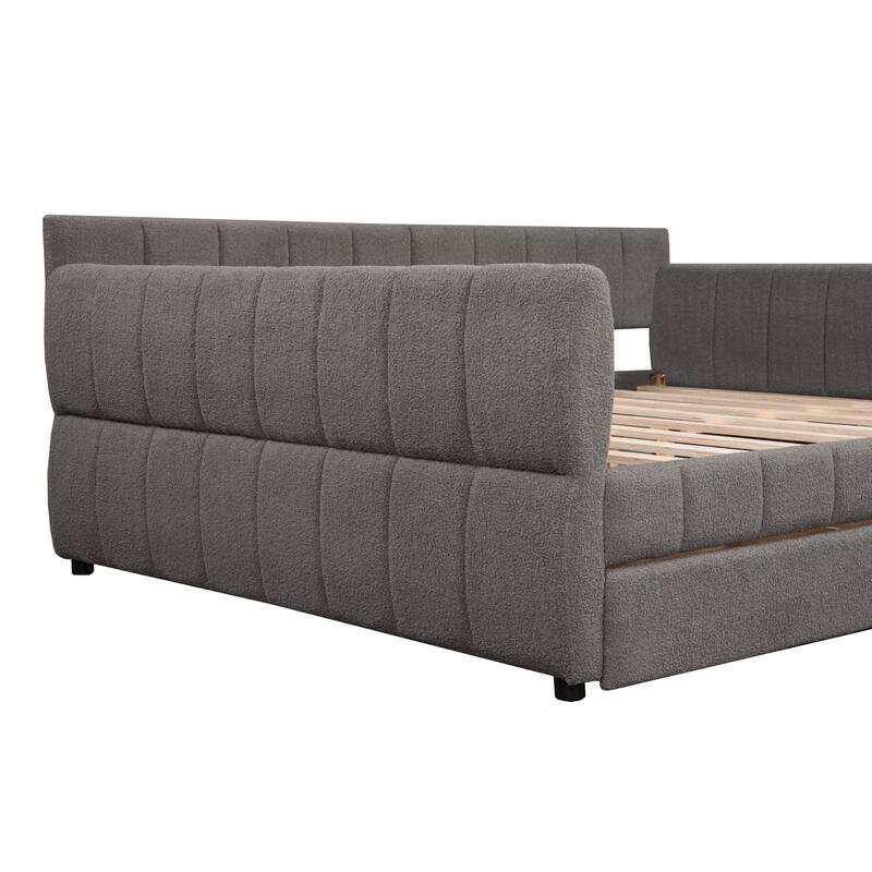 Queen Size Upholstered Platform Bed with USB and 2 Storage Drawers, Low Profile Bed Frame with Wood Slatted Support