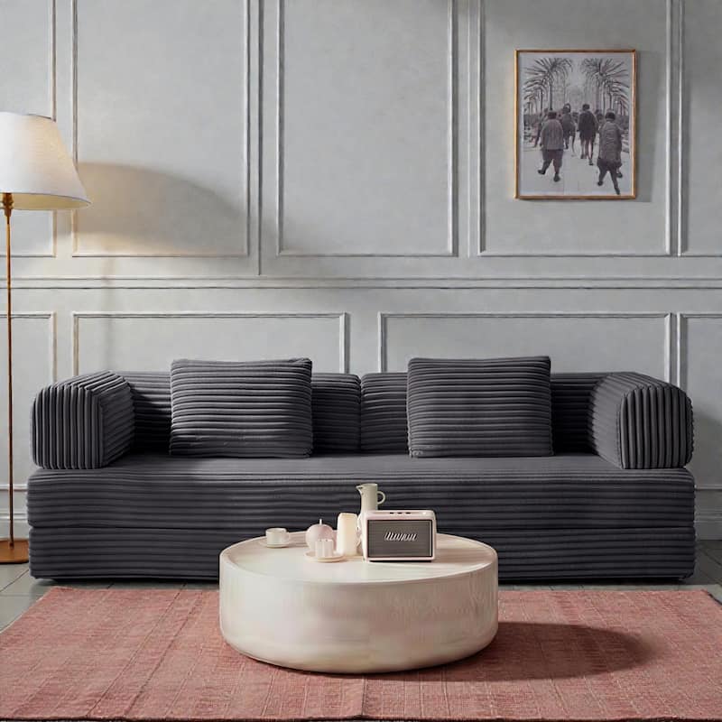Compression Sofa Bed Convertible Floor Futon Couch, 2 Seat Boneless Modular Loveseat with Corduroy Fabric - Grey
