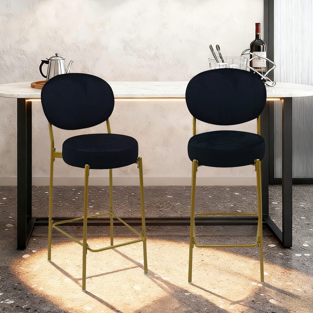 Velvet Upholstered Bar Stools Set of 2, Round Counter Stools with ergonomic Backrest, Breakfast Bar Chairs with Metal Legs