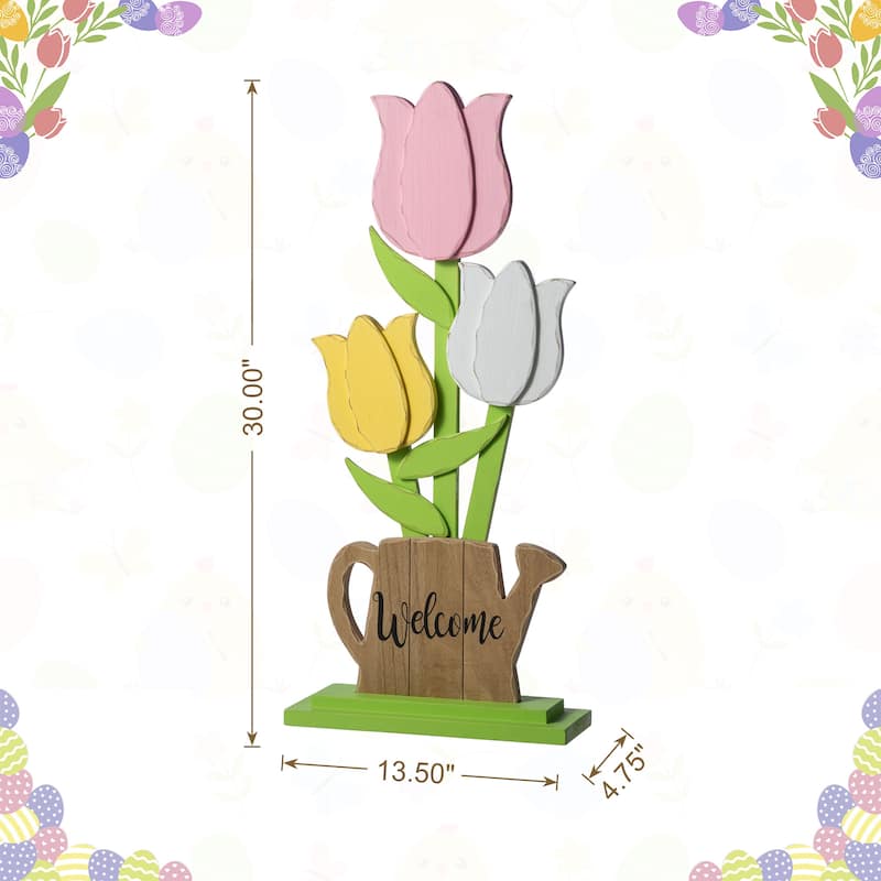 Glitzhome 30"H Easter Wooden Tulip Porch Decor