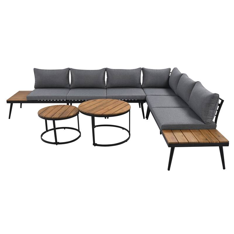 Grey Acacia Wood Outdoor Sectional Sofa Set with Round Nesting Coffee Tables