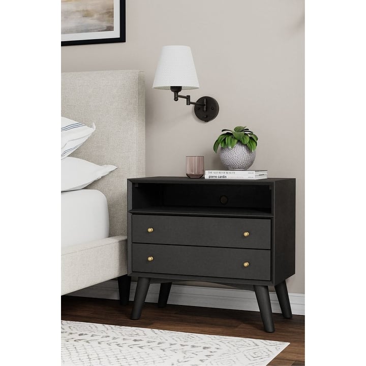 Alpine Furniture Flynn Large 2 Drawer Wood Nightstand, Black